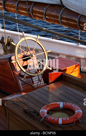 The deck of the Bluenose II tall ship and the waterfront at Lunenburg ...