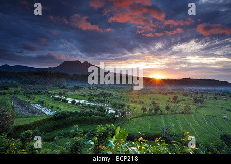 terraced rice fields near Tirtagangga at dawn with the sun rising over the volcanic peak of Gunung Lempuyang, Bali, Indonesia