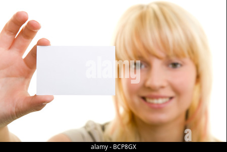 young woman shows a blanco business card Stock Photo