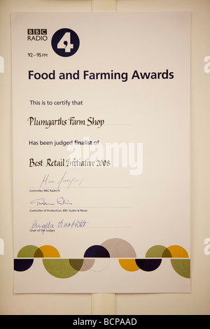 A certificate at Plumgarths farm shop in Kendal, Cumbria, UK Stock Photo