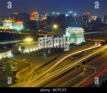 Night scene of Dongbian Men, Beijing, China Stock Photo