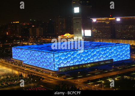 Night scene of National Aquatics Center, Beijing, China Stock Photo