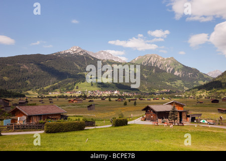 View across Alpine valley to Lermoos village in summer from Ehrwald Tyrol Austria Europe Stock Photo