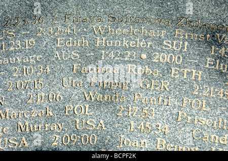 Part of a granite slab on Copley Square showing the engraved names all winners of the race Boston Marathon, Boston, USA Stock Photo