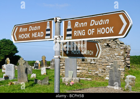 Road signs on the Hook Peninsula at the ruin of Hook Church for the 'Ring of Hook' Stock Photo
