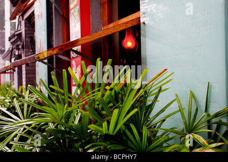 Wooden window panel of a trendy restaurant on Nanluogu Lane, Beijing, China Stock Photo