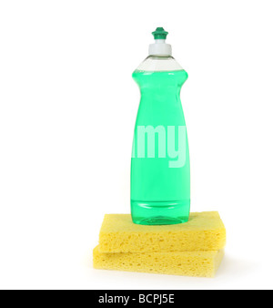 Dishwashing Liquid in a Bottle With 2 Yellow Sponges on White With Copy Space Stock Photo