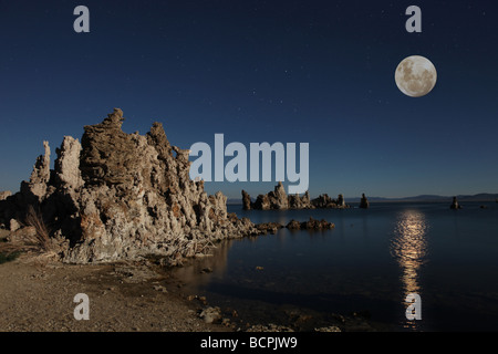 Mono Lake Tufas With the Moon at Night Stock Photo