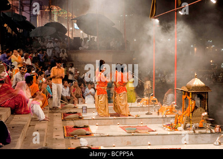 Ganga Aarti Evening Dawn Nightime Ceremony  At The Dasaswamedh Ghat Varanasi India Stock Photo