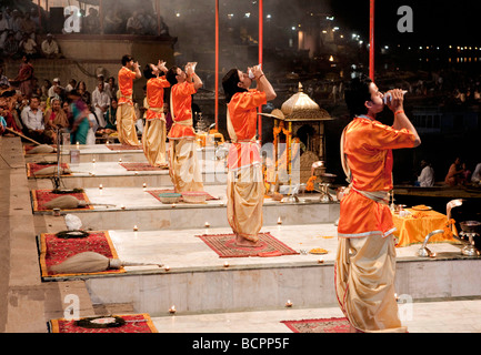 Ganga Aarti Evening Dawn Nightime Ceremony  At The Dasaswamedh Ghat Varanasi India Stock Photo