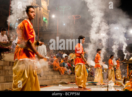 Ganga Aarti Evening Dawn Nightime Ceremony  At The Dasaswamedh Ghat Varanasi India Stock Photo