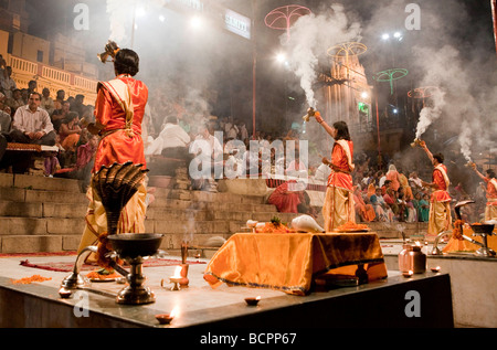 Ganga Aarti Evening Dawn Nightime Ceremony  At The Dasaswamedh Ghat Varanasi India Stock Photo