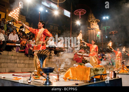 Ganga Aarti Evening Dawn Nightime Ceremony  At The Dasaswamedh Ghat Varanasi India Stock Photo