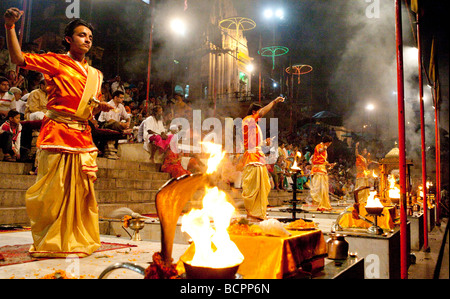 Ganga Aarti Evening Dawn Nightime Ceremony  At The Dasaswamedh Ghat Varanasi India Stock Photo