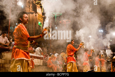 Ganga Aarti Evening Dawn Nightime Ceremony  At The Dasaswamedh Ghat Varanasi India Stock Photo