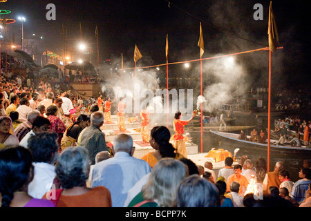 Ganga Aarti Evening Dawn Nightime Ceremony  At The Dasaswamedh Ghat Varanasi India Stock Photo