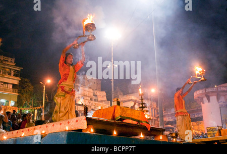 Ganga Aarti Evening Dawn Nightime Ceremony  At The Dasaswamedh Ghat Varanasi India Stock Photo