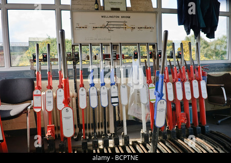 Levers on a lever frame in a manually operated signal box to operate points and signals