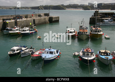 Town of Newquay, England. Elevated view of Newquay Harbour with the town of Newquay and coastline in the background. Stock Photo