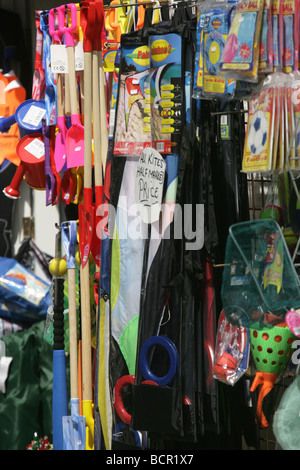 Town of Padstow, England. Display of beach and seaside toys on sale in a shop at Padstow’s Market Place. Stock Photo