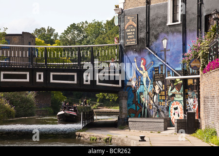Exterior of The Constitution pub, bridge over St Pancras Way, and Regents Canal. Camden, London, England, UK Stock Photo