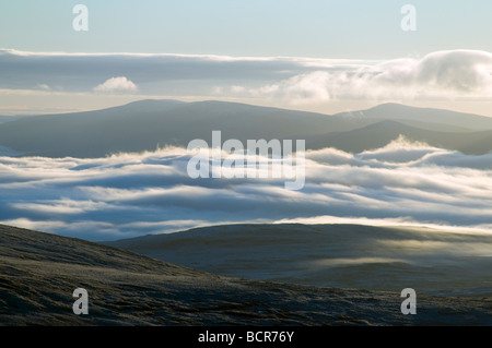 Low cloud and mist over Strath More, Sutherland.  From Ben Hope, Sutherland, Scotland, UK Stock Photo