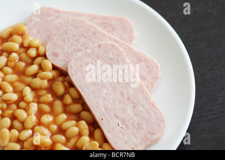 Fresh Tasty Food British Food Staple Of Spam with Baked Beans In Tomato Sauce With No People Stock Photo