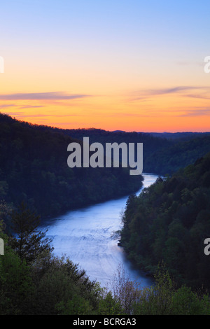 Sunrise Cumberland River Gorge view from terrace of Dupont Lodge in Cumberland Falls State Resort Park Corbin Kentucky Stock Photo