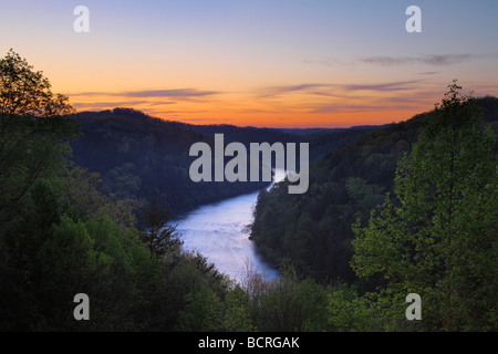 Sunrise Cumberland River Gorge view from terrace of Dupont Lodge in Cumberland Falls State Resort Park Corbin Kentucky Stock Photo