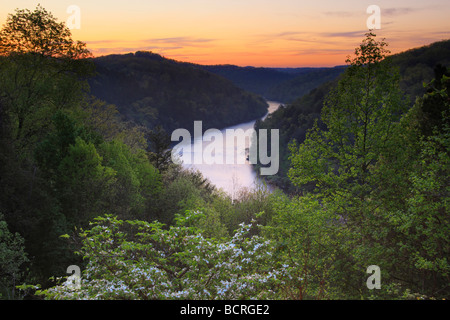 Sunrise Cumberland River Gorge view from terrace of Dupont Lodge in Cumberland Falls State Resort Park Corbin Kentucky Stock Photo