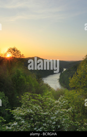 Sunrise Cumberland River Gorge from terrace of Dupont Lodge in Cumberland Falls State Resort Park Corbin Kentucky Stock Photo