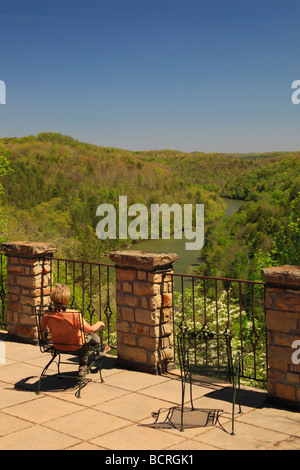 View of Cumberland River Gorge from terrace of Dupont Lodge in Cumberland Falls State Resort Park Corbin Kentucky Stock Photo