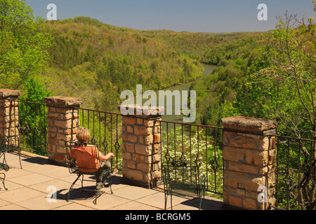 View of Cumberland River Gorge from terrace of Dupont Lodge in Cumberland Falls State Resort Park Corbin Kentucky Stock Photo