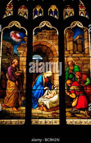 Stained Glass Window depicting the nativity in Peterhouse College Chapel, Cambrridge England UK Stock Photo