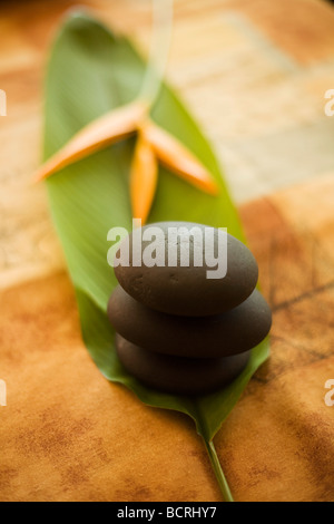 Three stones stacked zen like balanced upon a leaf with a bird of paradise flower on a bed. Stock Photo