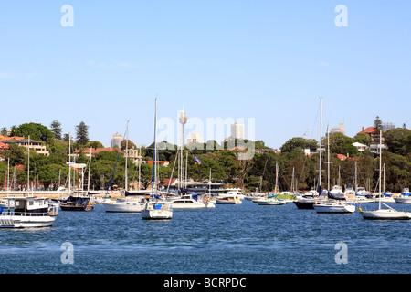 Sydney Harbour suburb of Rose Bay with the city skyline and Sydney Tower in the background, Australia Stock Photo