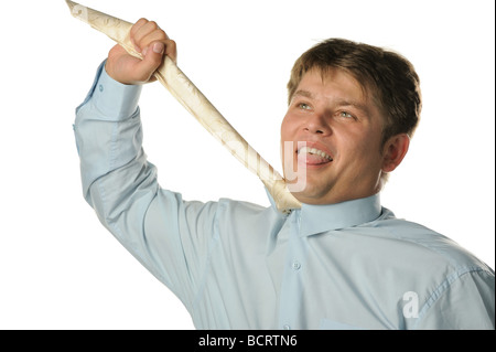 The young businessman suspending for a tie It is isolated on a white background Stock Photo