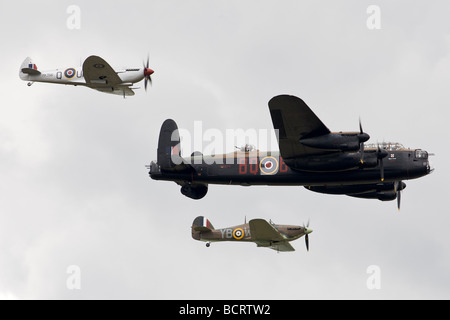 The Battle of Britain Memorial Flight consisting of World War 2 aircraft, Lancaster Bomber, Spitfire and Hurricane. Stock Photo