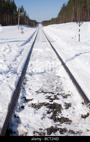 railway going straight to horizon among snow countryside Stock Photo