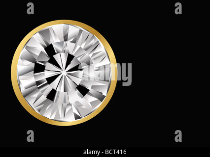 Round diamond with gold frame on black background Stock Photo