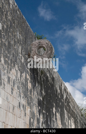 Mexico, Yucatan, Chichen Itza, UNESCO World Heritage Site, the Great Ball Court (Gran Juego de Pelota), one of the stone hoops Stock Photo