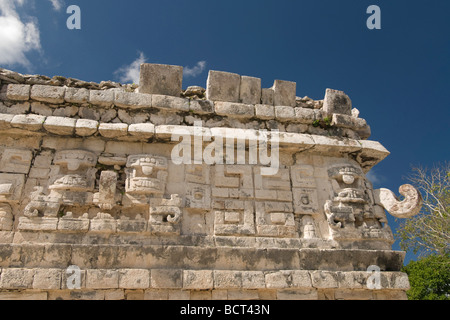 Mexico, Yucatan, Chichen Itza, UNESCO World Heritage Site, El Iglesia (The Church), stone face of Chac, the Mayan Rain God Stock Photo