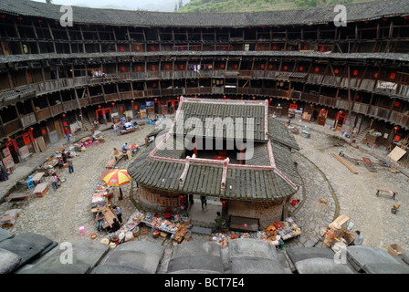 Round House, Chinese: Tulou, with ancestral temple, round adobe building of the Hakka minority, Ta Xia de Yuan Building, Hukeng Stock Photo
