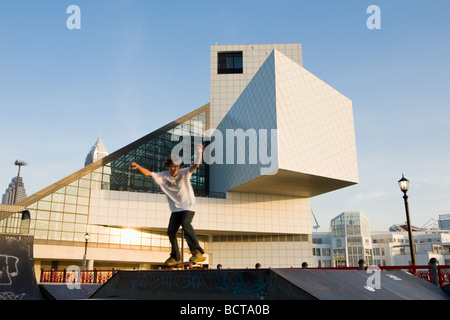 Skateboard Park is part of Rock and Roll Hall of Fame by I M Pei in Cleveland Ohio Stock Photo