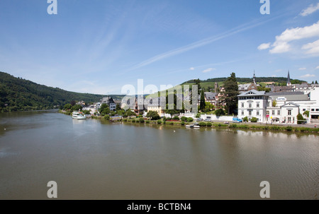 View over the Mosel river at Traben quarter, Traben-Trarbach, Mosel, district Bernkastel-Wittlich, Rhineland-Palatinate, German Stock Photo