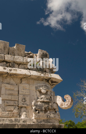 Mexico, Yucatan, Chichen Itza, UNESCO World Heritage Site, La Iglesia (The Church), with the stone mask of Chac, the Mayan Rain God Stock Photo