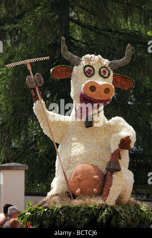 Cow figure from daffodils with rake, Narzissenfest Narcissus Festival in Bad Aussee, Ausseer Land, Salzkammergut area, Styria,  Stock Photo