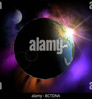 A view of the earth from space with the sun peaking just from behind it and the moon on the upper left. North America is bright. Stock Photo