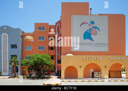 Houses with logo of the marina, Hurghada, Egypt, Red Sea, Africa Stock Photo