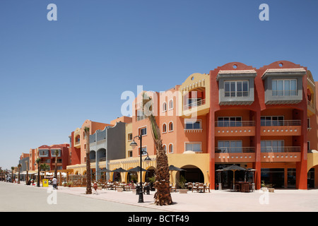 Row of houses with restaurants, marina, Hurghada, Egypt, Red Sea, Africa Stock Photo